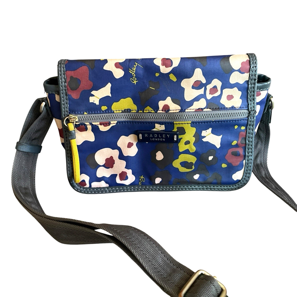 RADLEY LONDON Blue Scottie Dog Purple Nylon Shoulder Flap Zip Crossbody Bag RARE - Picture 2 of 16